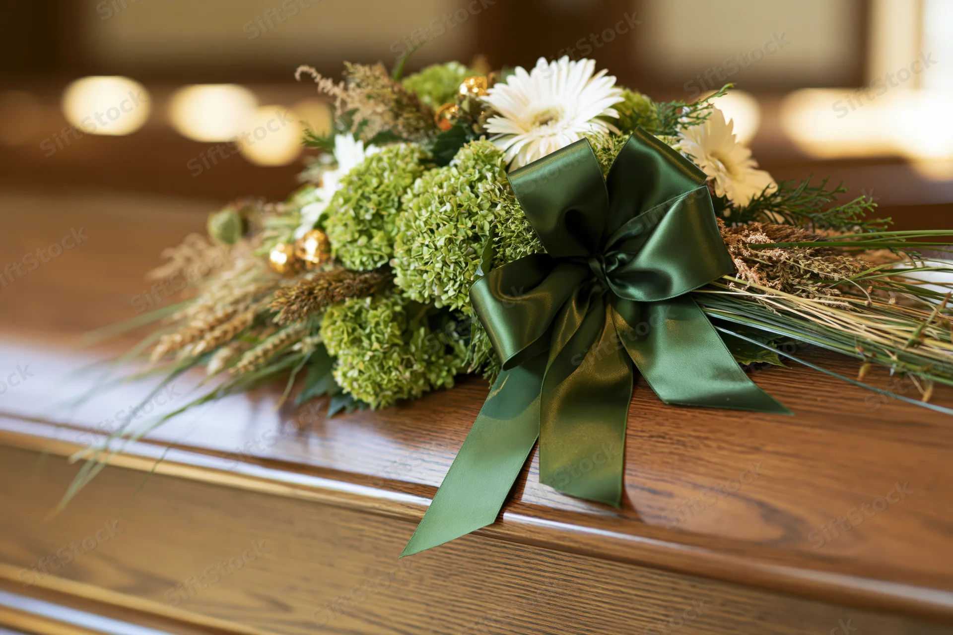 Floral arrangement with green satin ribbon bow on wooden coffin