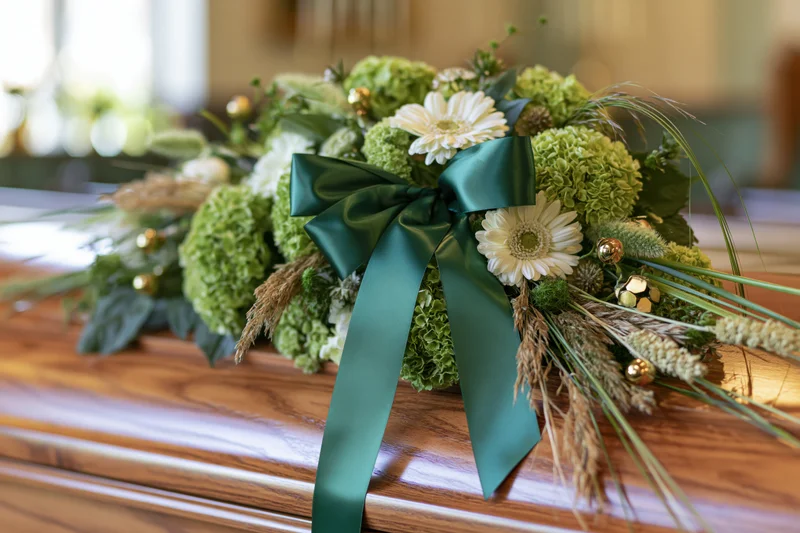 Floral arrangement with dark green satin ribbon bow resting on wooden coffin