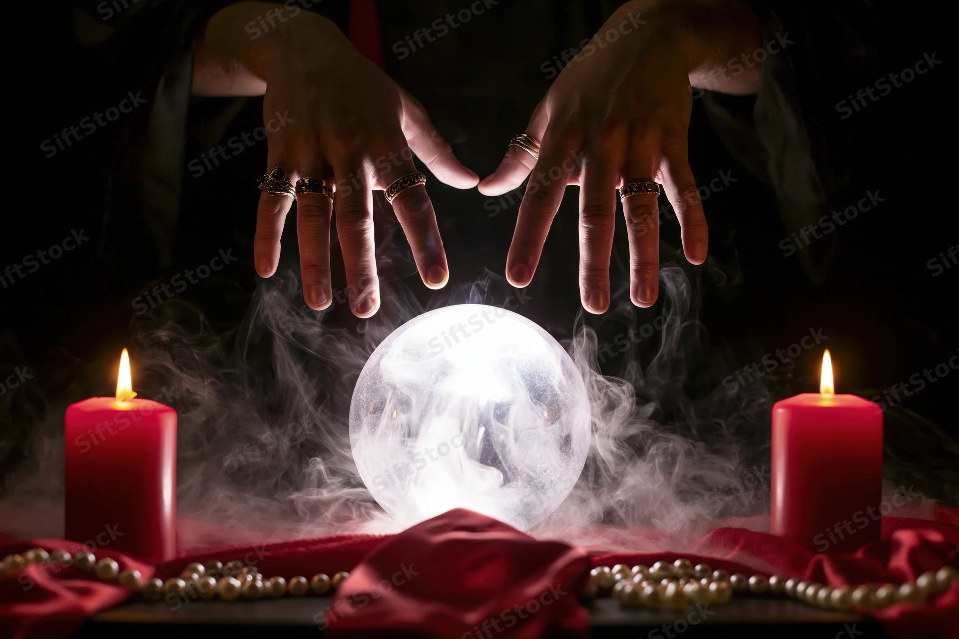 Fortune teller's hands hovering over a glowing crystal ball surrounded by candles and smoke