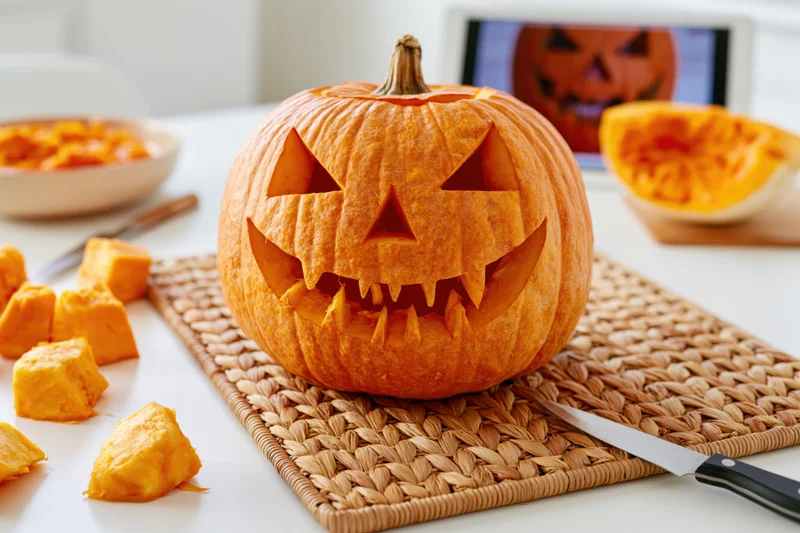 Carved pumpkin with triangular eyes and jagged teeth on woven mat in kitchen with knife and pumpkin pieces nearby