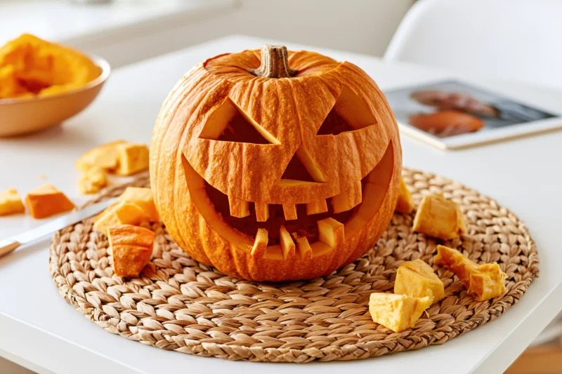 Carved pumpkin with jagged grin on woven placemat on white table surrounded by pumpkin scraps and bowl of pulp