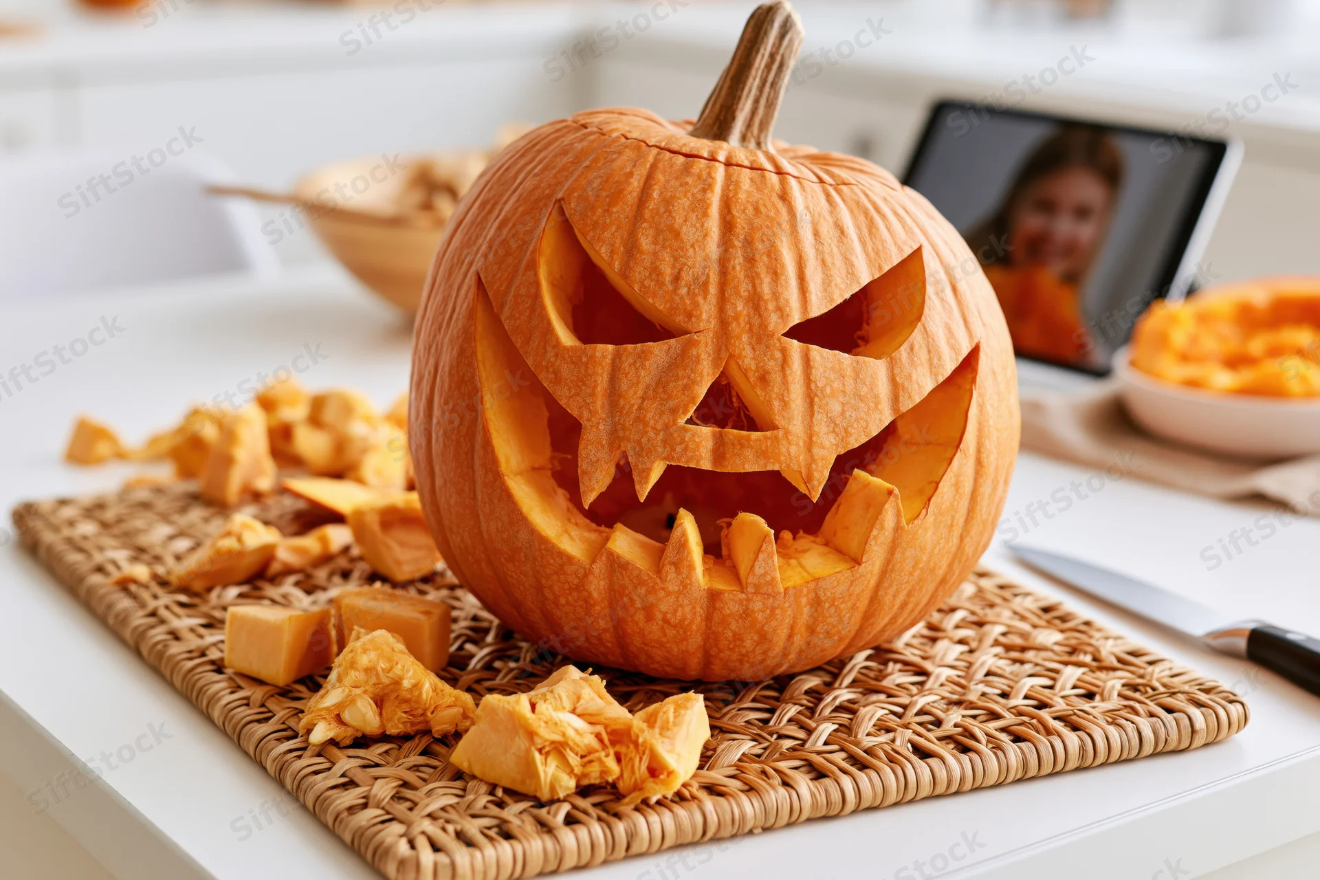 Carved pumpkin with jagged face on woven placemat in kitchen, scraps and knife nearby, tablet showing woman smiling in background