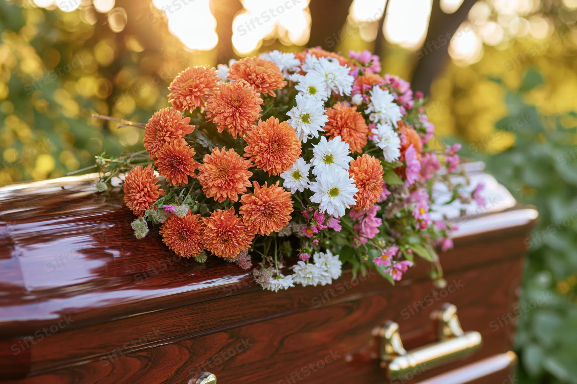 Floral arrangement of orange chrysanthemums and white daisies on a polished wooden coffin outdoors