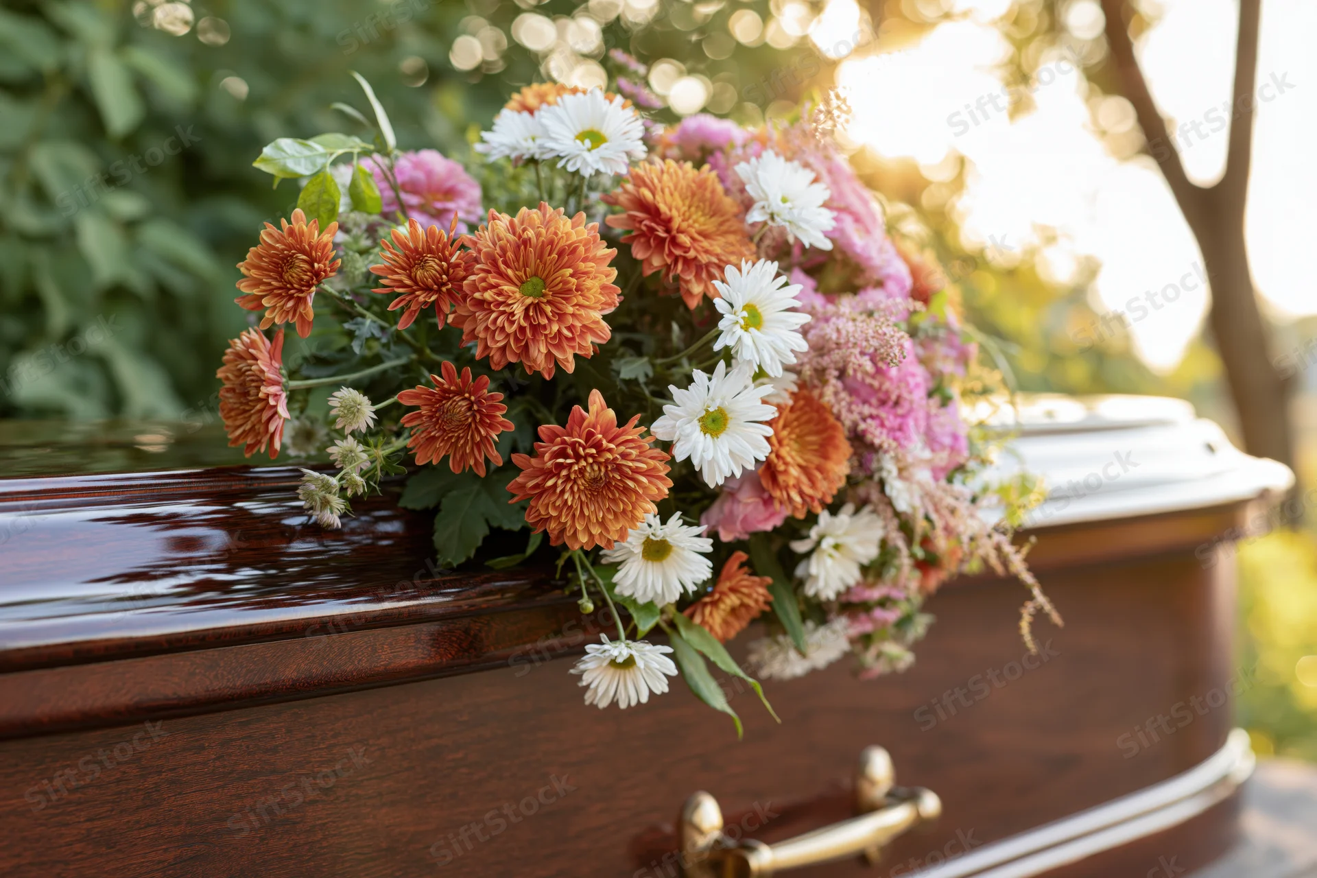 Floral arrangement of orange chrysanthemums and white daisies on a polished wooden coffin outdoors in sunlight