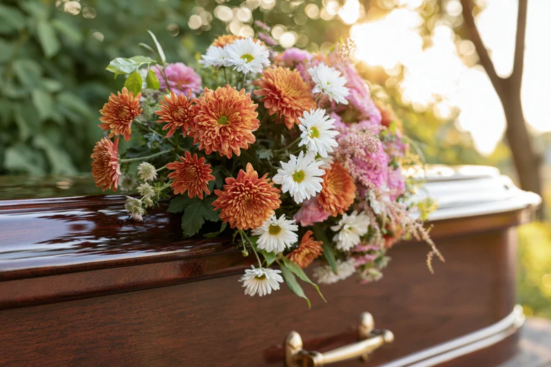 Floral arrangement of orange chrysanthemums and white daisies on a polished wooden coffin outdoors in sunlight