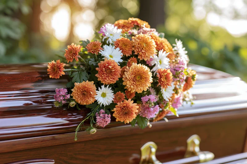 Floral arrangement of orange chrysanthemums and white daisies on a polished wooden coffin outdoors