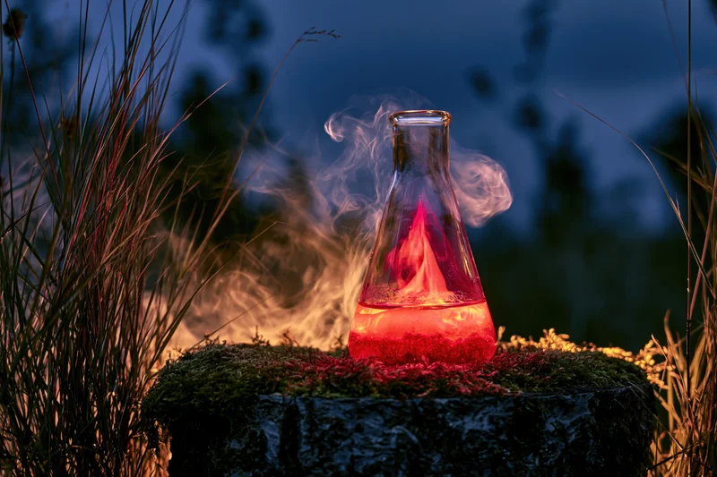 Glowing red liquid in a glass flask emitting smoke and flame, resting on mossy stone outdoors at night