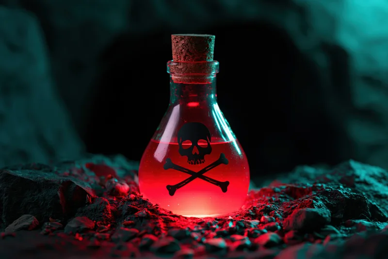 Glowing red poison bottle with skull and crossbones symbol in dark cave setting