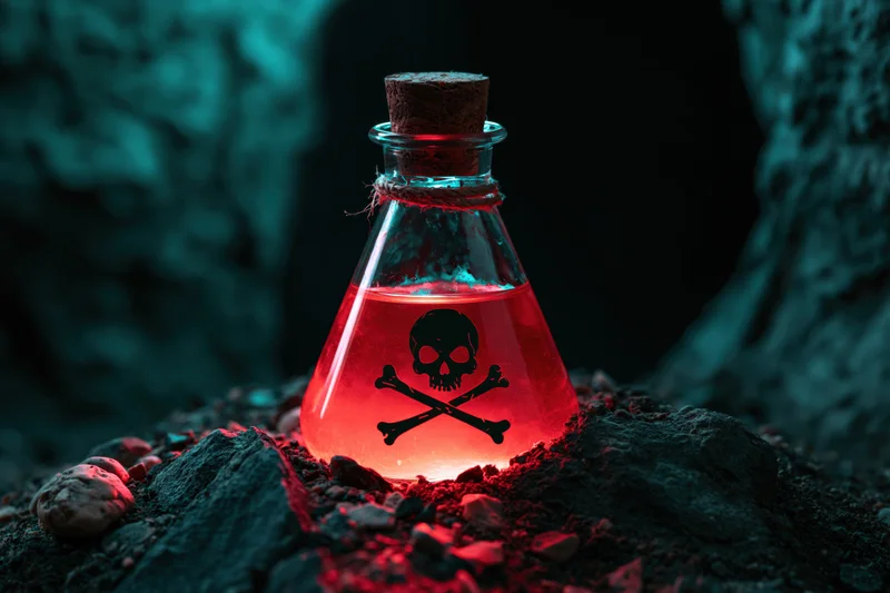 Glowing red poison bottle with skull and crossbones symbol in dark cave setting
