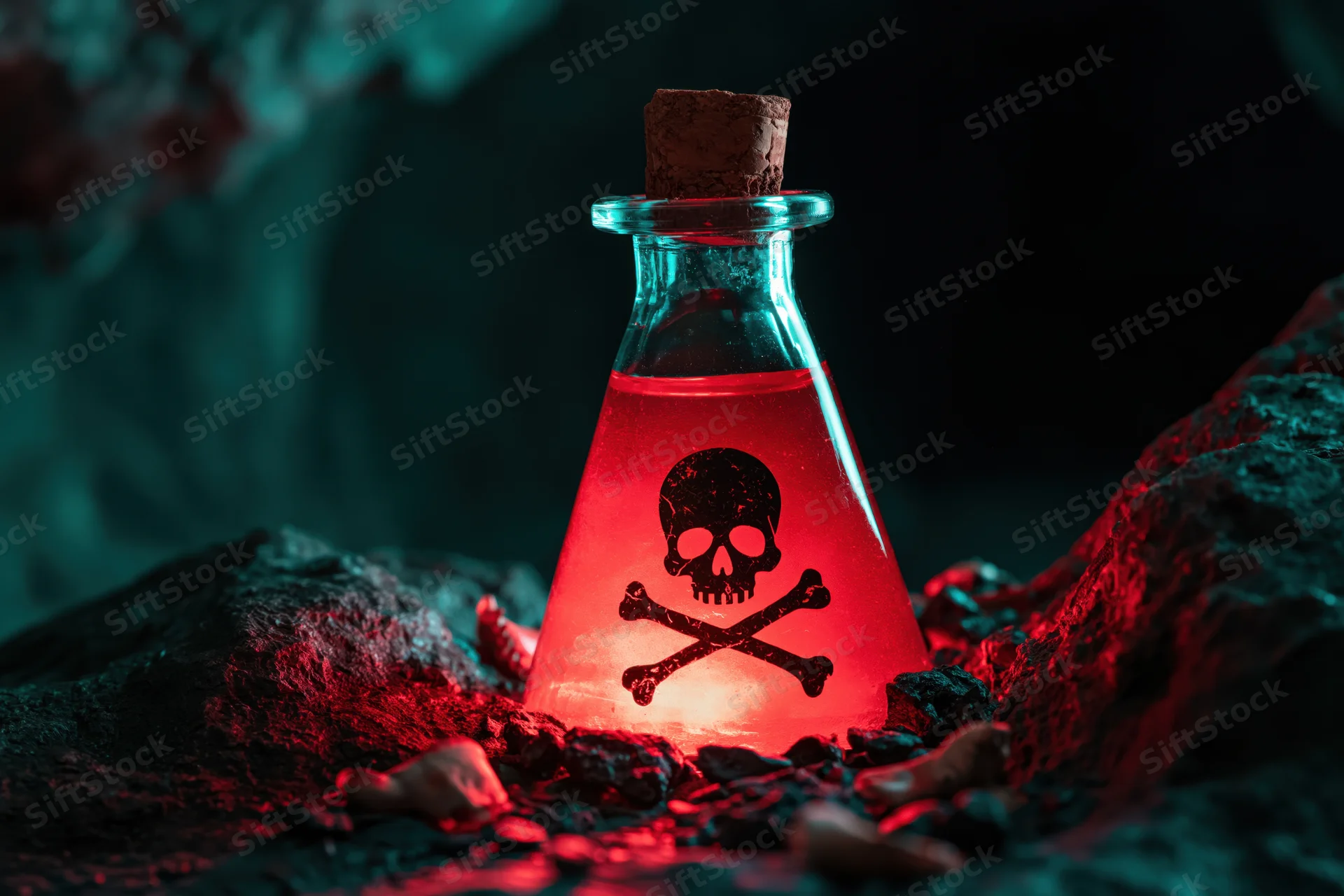 Glowing red poison in a glass bottle with skull and crossbones symbol resting on rocks in a dark cave