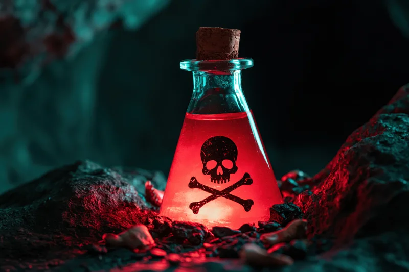 Glowing red poison in a glass bottle with skull and crossbones symbol resting on rocks in a dark cave