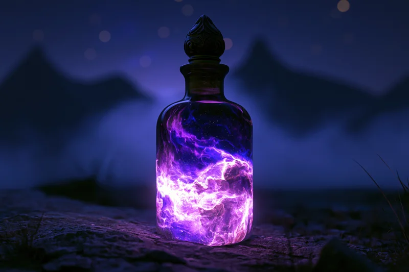 Glowing purple energy bottle with ornate stopper on rocky ground at night