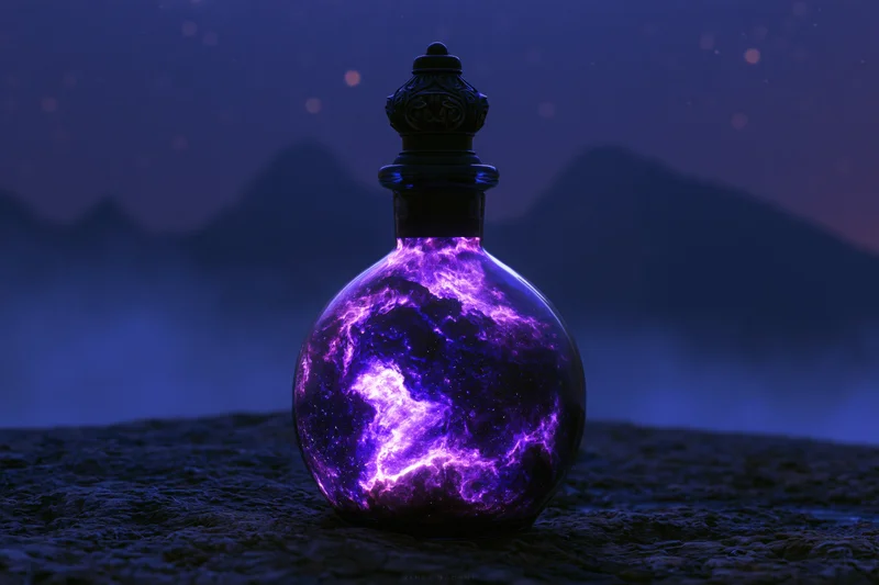 Glowing purple nebula inside a glass bottle with ornate stopper on rocky terrain at night