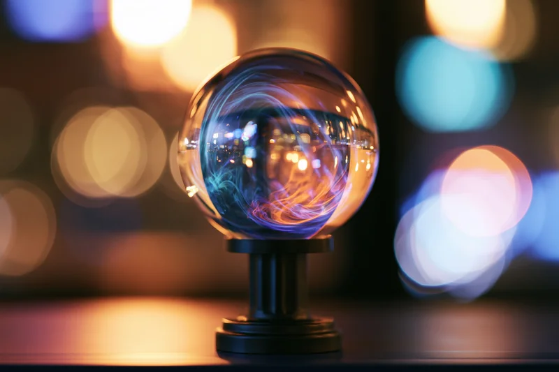 Glass crystal ball with swirling light patterns on black pedestal against blurred city lights at night