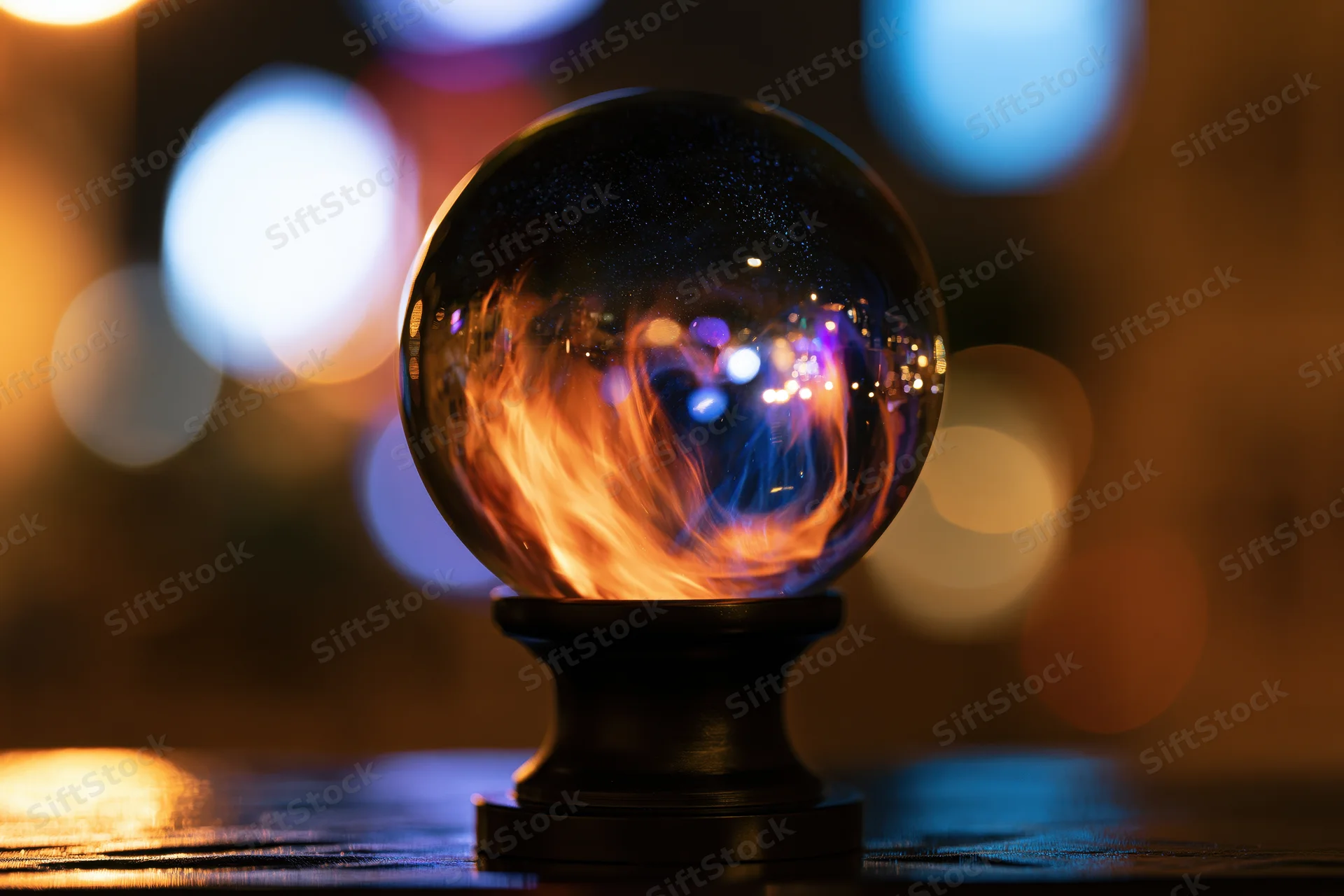 Glass crystal ball on black pedestal reflecting city lights at night on wooden surface