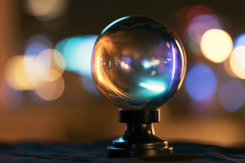 Glass crystal ball on black pedestal reflecting city lights at night