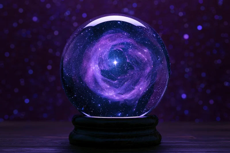 Crystal ball containing a swirling galaxy on a dark wooden base against a starry background