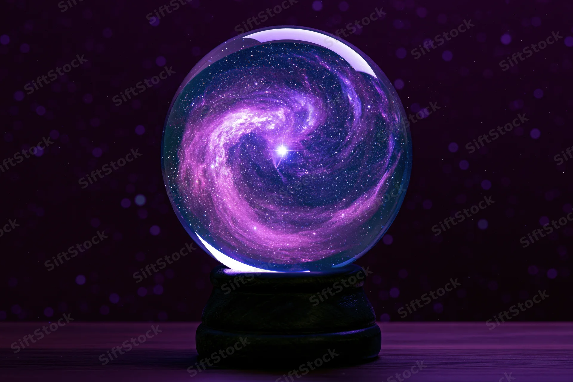 Glass crystal ball containing a swirling galaxy on a dark wooden base against a starry purple background
