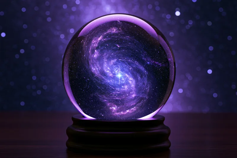 Glass crystal ball containing a swirling galaxy on a dark wooden base against a starry background