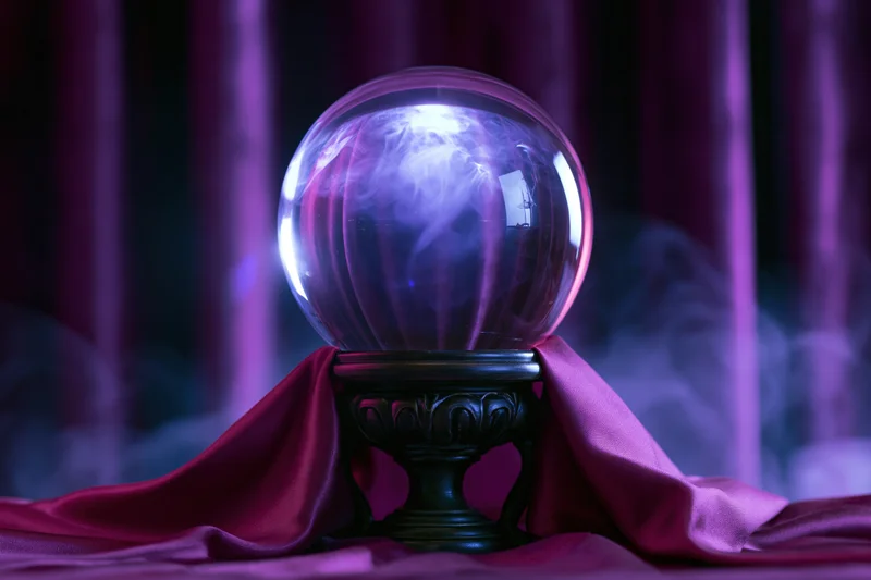 Glowing crystal ball on carved wooden stand draped in purple fabric with smoke and curtains in background