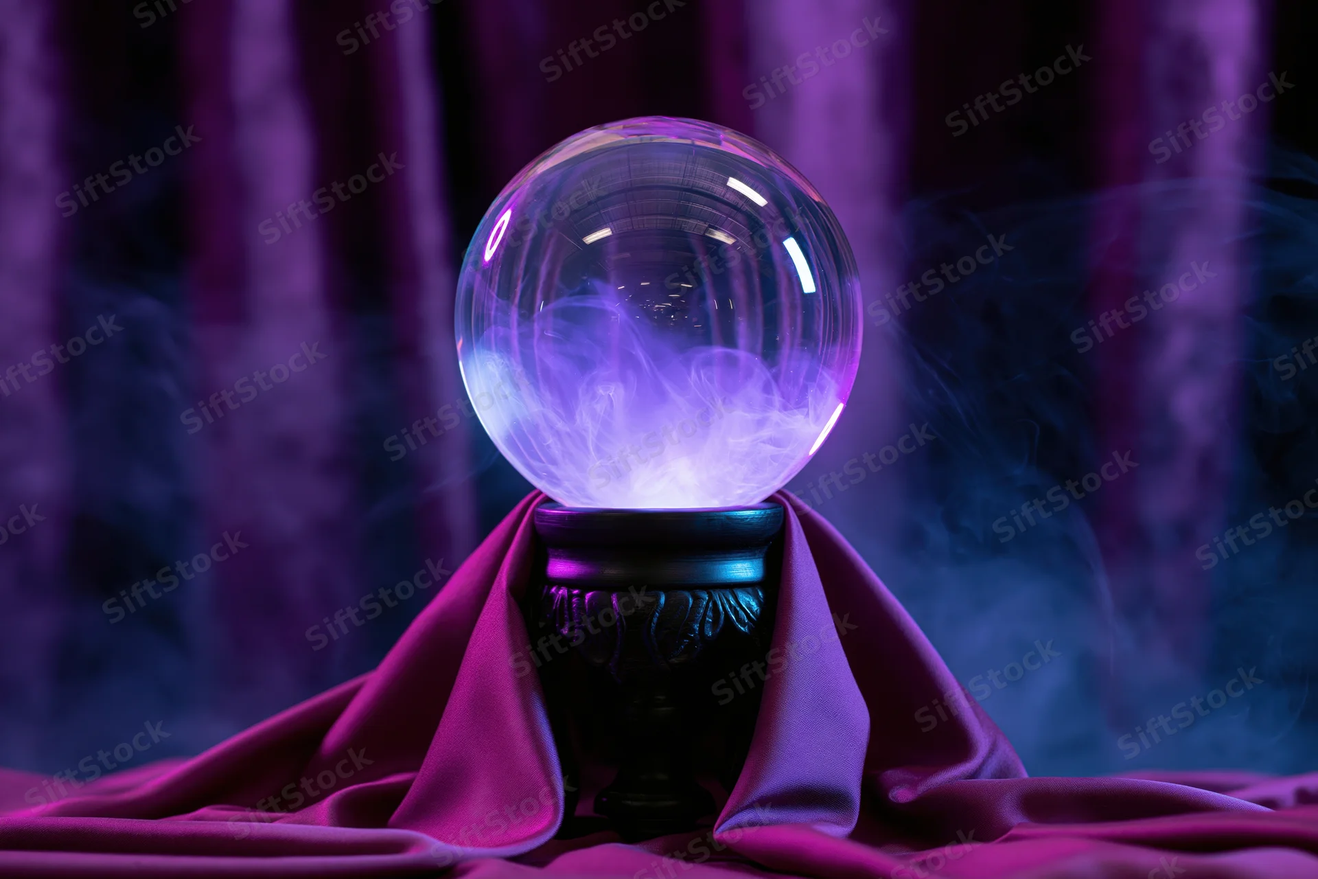 Glowing crystal ball with swirling mist on a carved wooden stand draped in purple velvet fabric