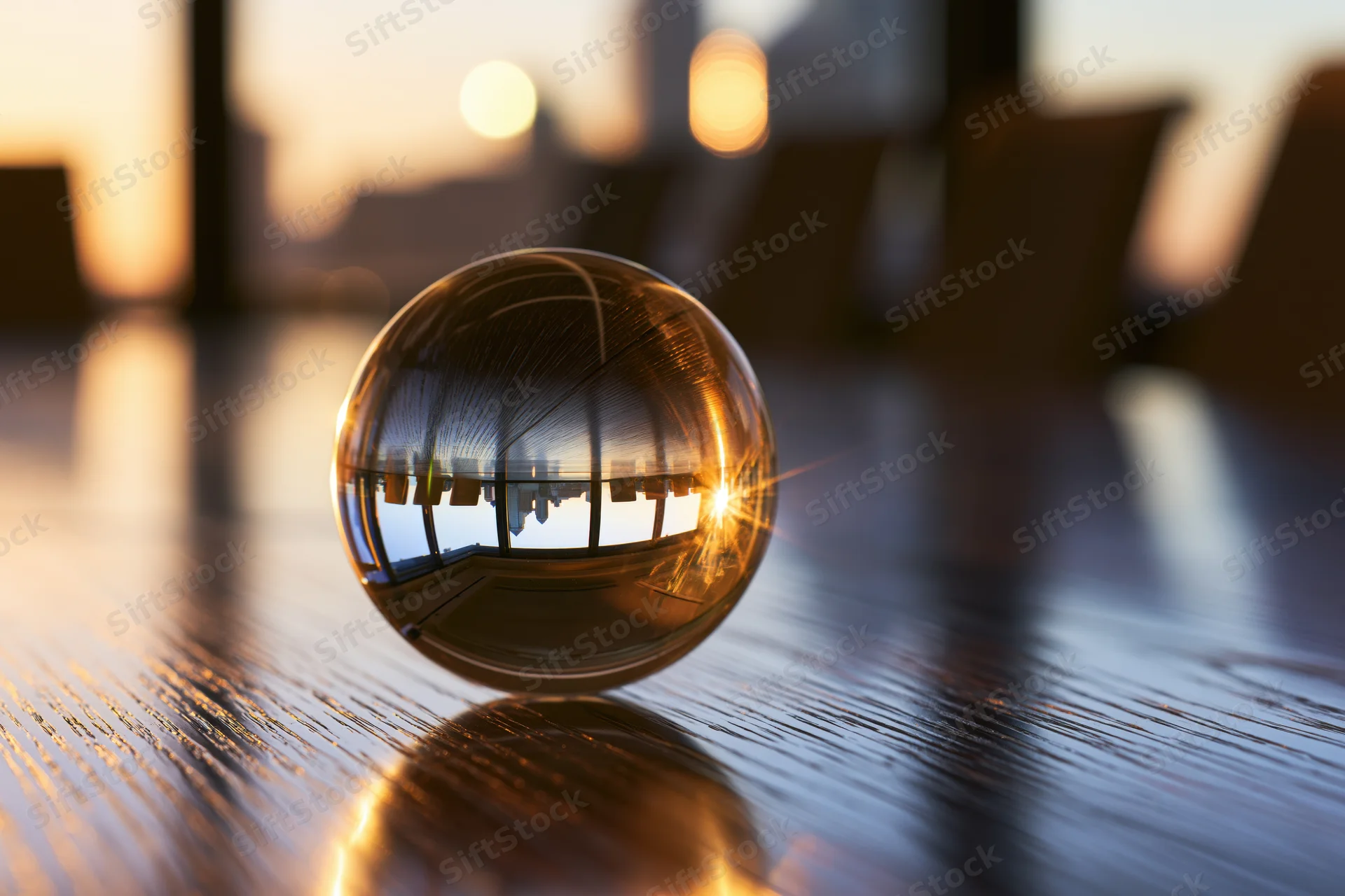 Crystal ball resting on polished wooden conference table reflecting cityscape at sunset