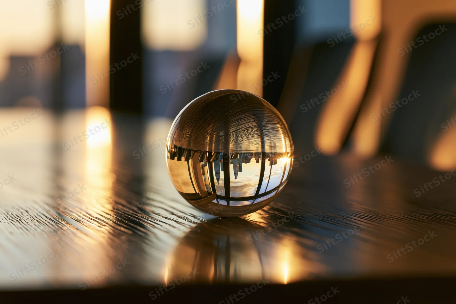 Crystal ball resting on polished dark wood conference table reflecting cityscape in warm ambient light
