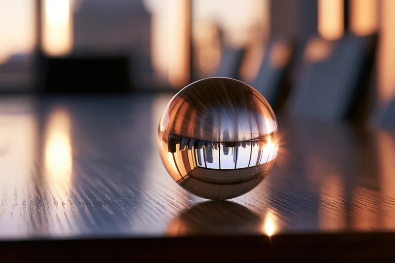 Crystal ball resting on polished wooden table in conference room with cityscape reflection