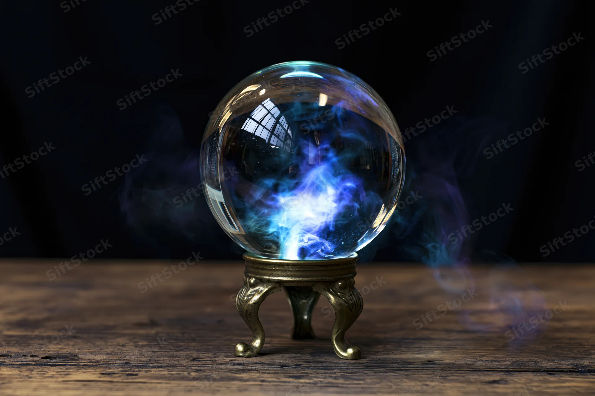 Glass crystal ball with blue glowing energy and smoke on ornate brass stand on wooden table