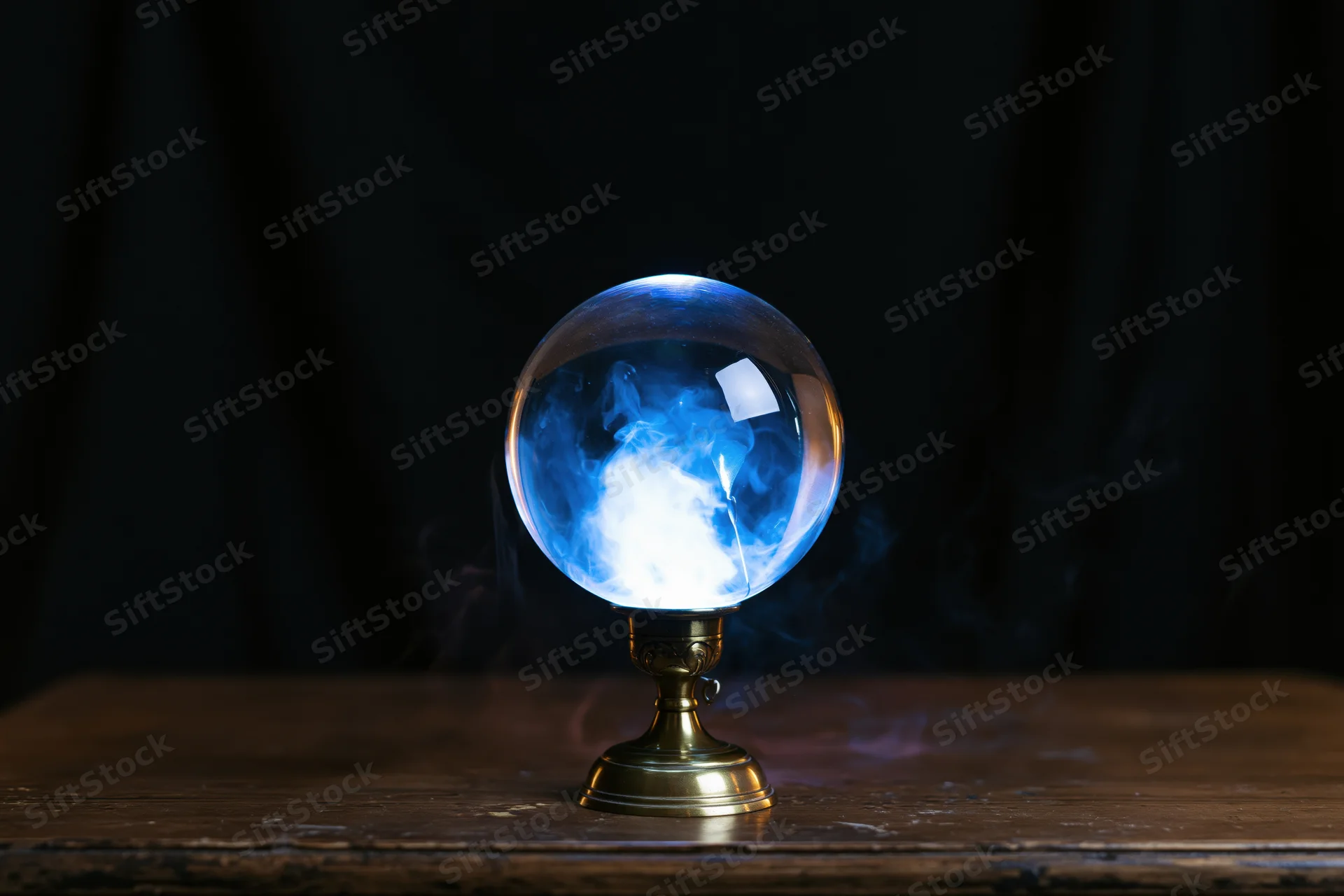 Glowing crystal ball with blue light and smoke on wooden table against dark background