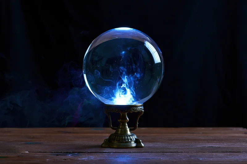 Glowing crystal ball with blue smoke on ornate brass stand on wooden table