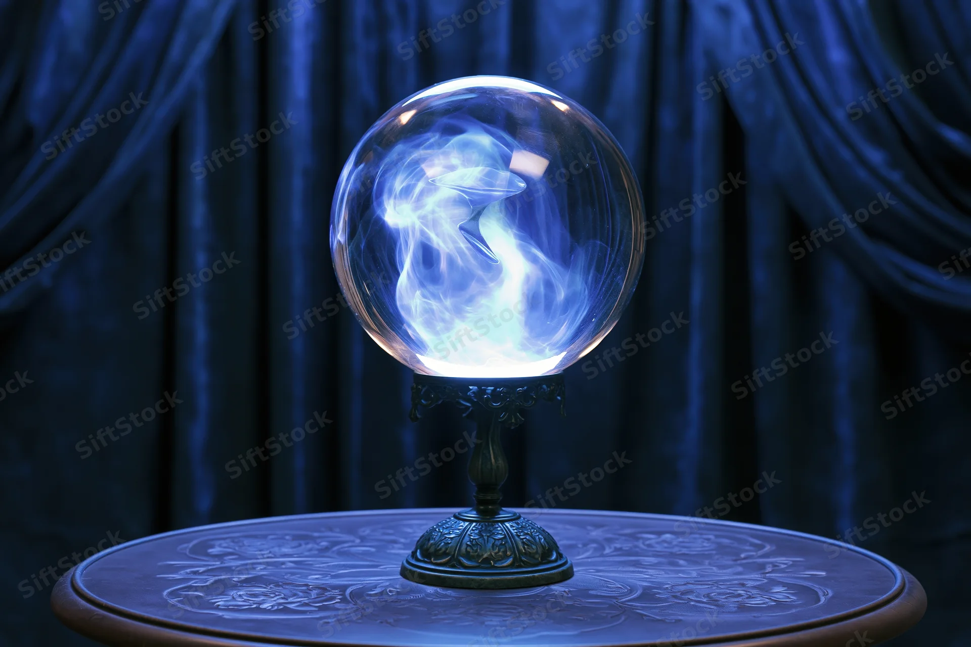 Glowing crystal ball with swirling blue light on ornate stand atop round table before dark velvet curtain