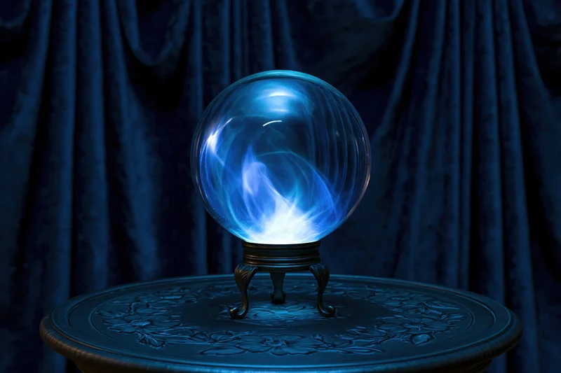 Glowing blue crystal ball on ornate metal stand atop carved table before dark velvet curtain