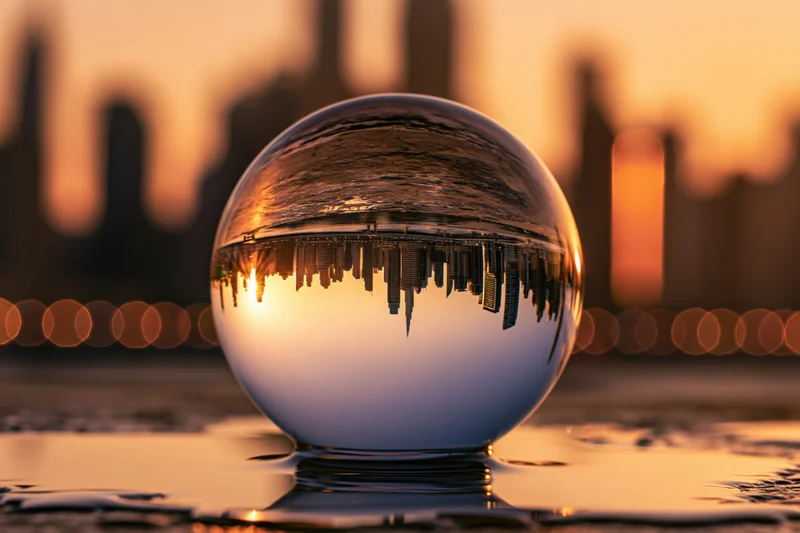 Crystal ball resting on wet surface reflecting city skyline at sunset