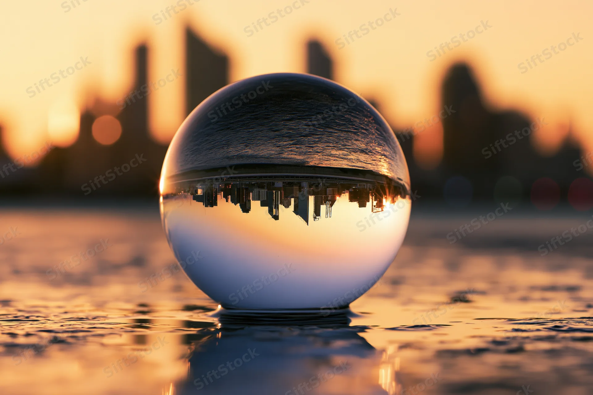 Crystal ball resting on wet surface reflecting city skyline at sunset