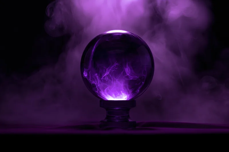 Glowing purple crystal ball on pedestal surrounded by smoke in dark setting
