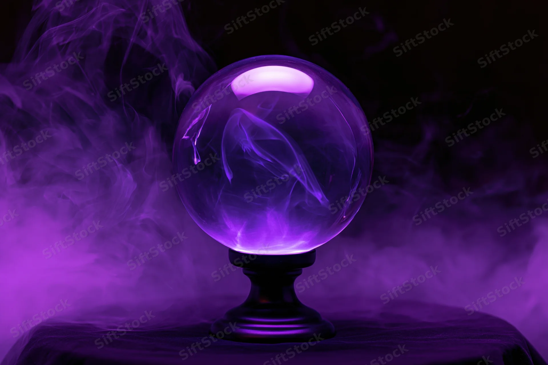 Glowing purple crystal ball on a pedestal surrounded by smoke on a dark clothed table