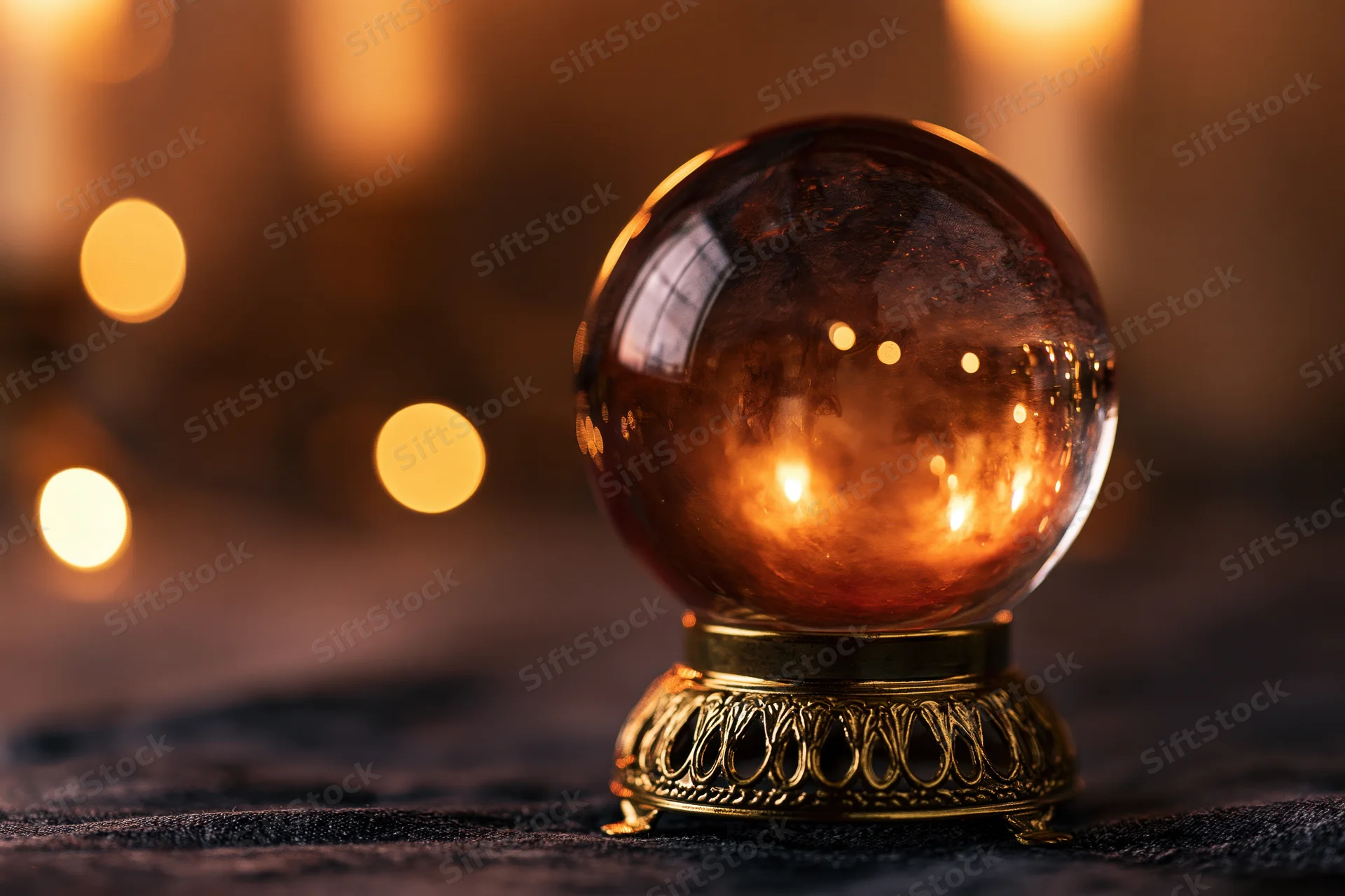 Glass crystal ball on ornate gold metal base with warm candlelight glow in dark setting