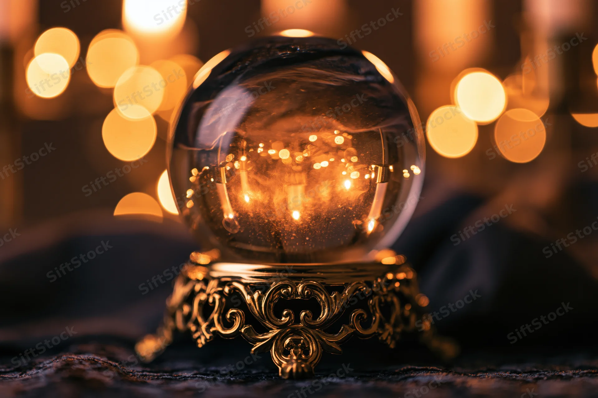 Glass crystal ball on ornate gold metal base with warm bokeh lights in dark setting
