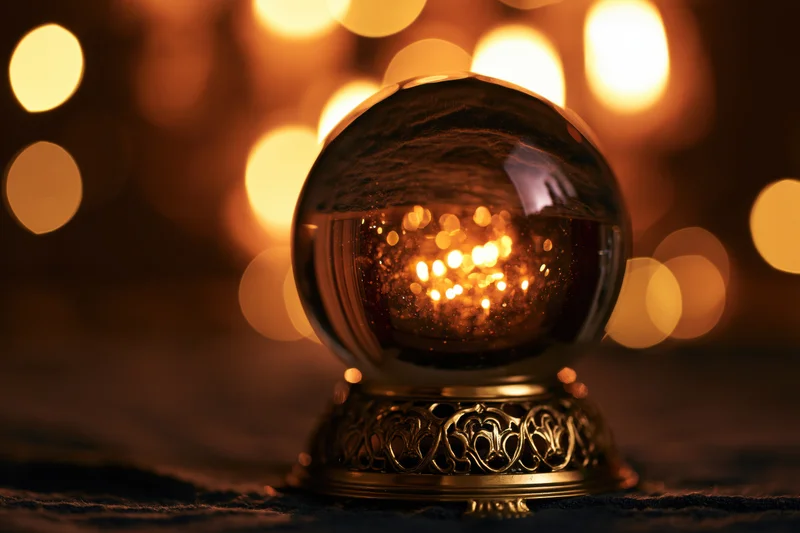 Glass crystal ball on ornate gold base with warm bokeh lights in background
