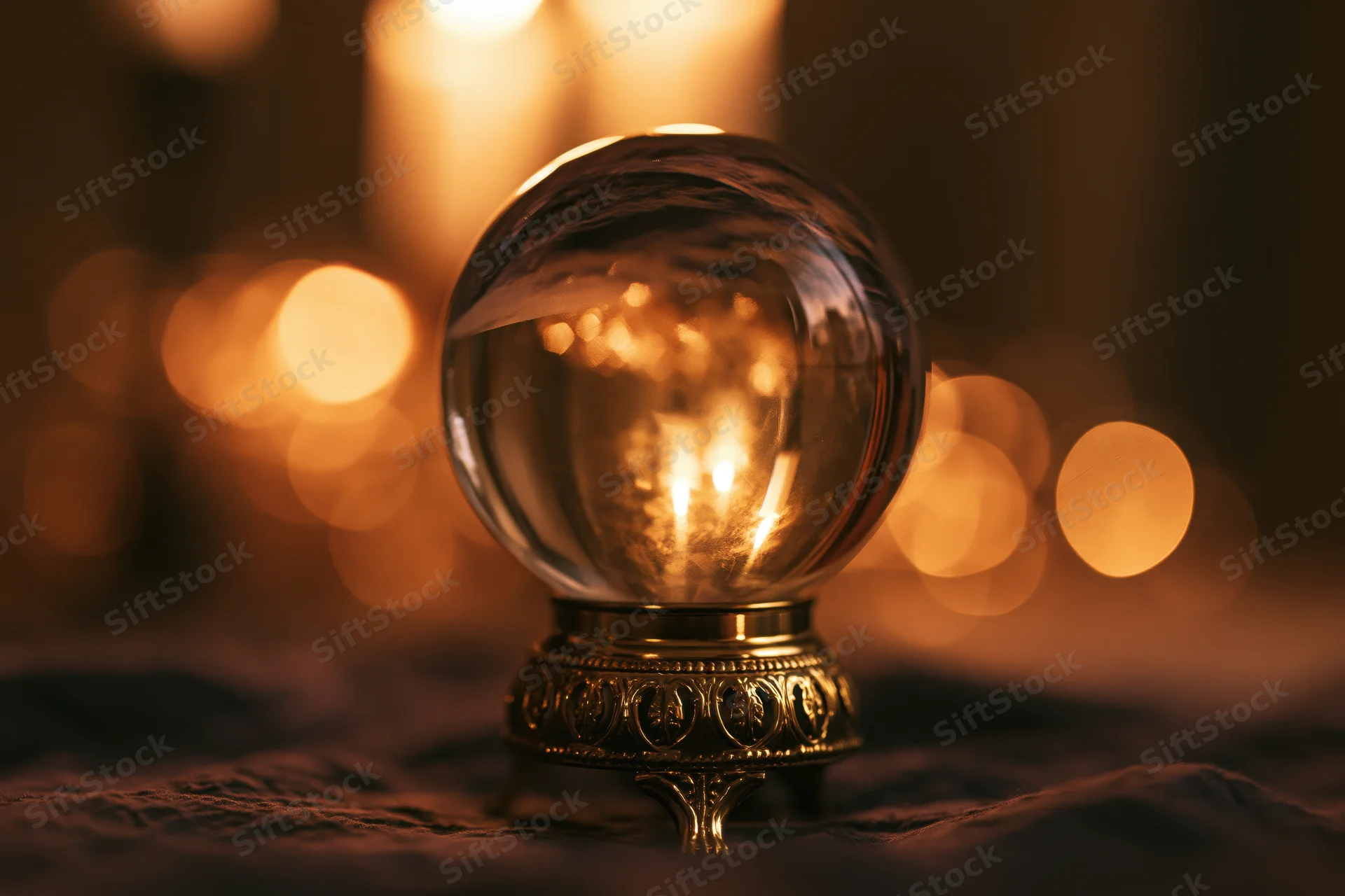Crystal ball on ornate gold base with candlelight reflections in warm glow