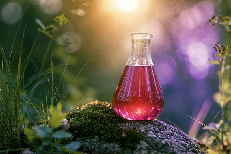 Glass flask filled with glowing red liquid resting on mossy rock in forest setting
