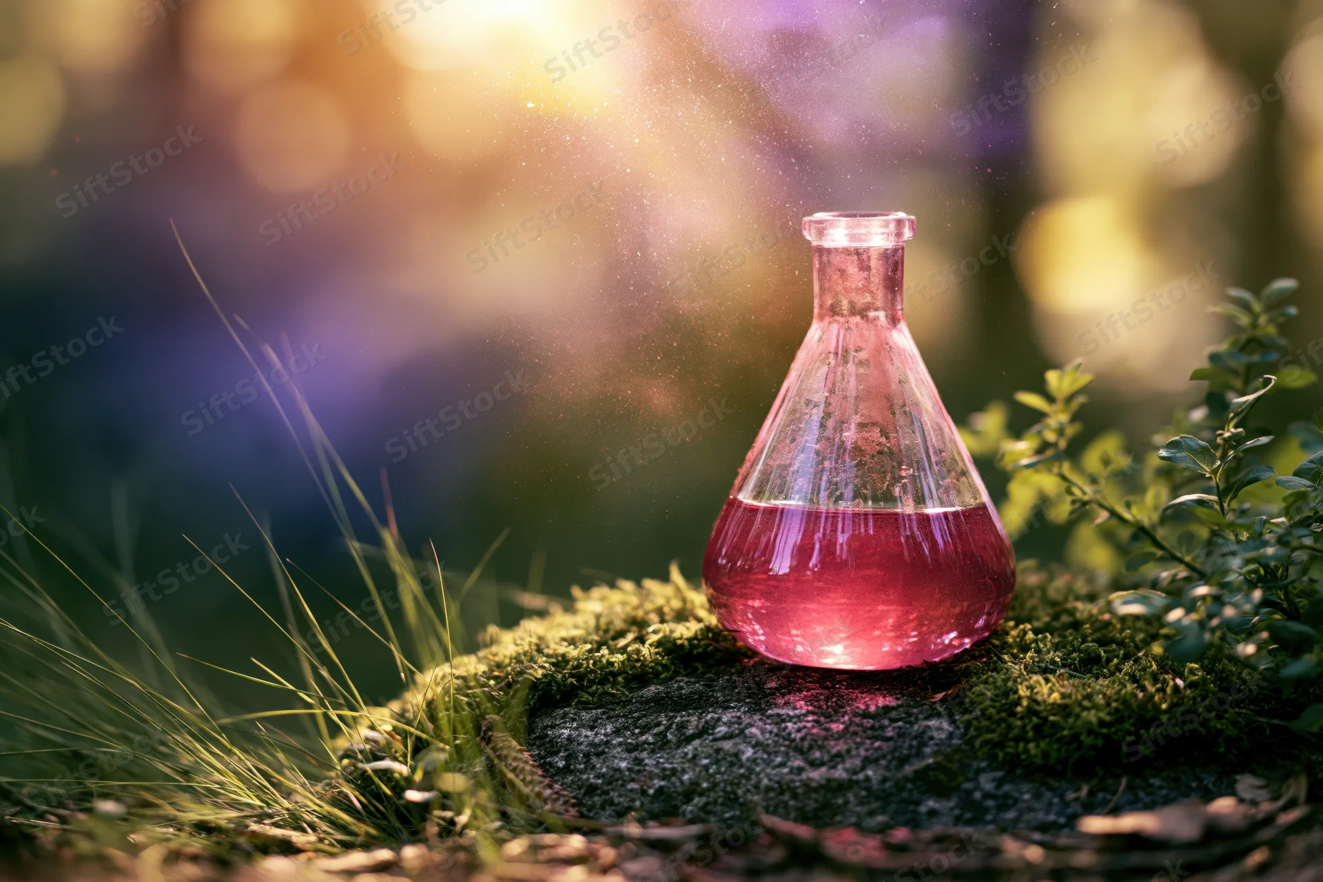 Glass laboratory flask with pink liquid resting on mossy rock in forest setting