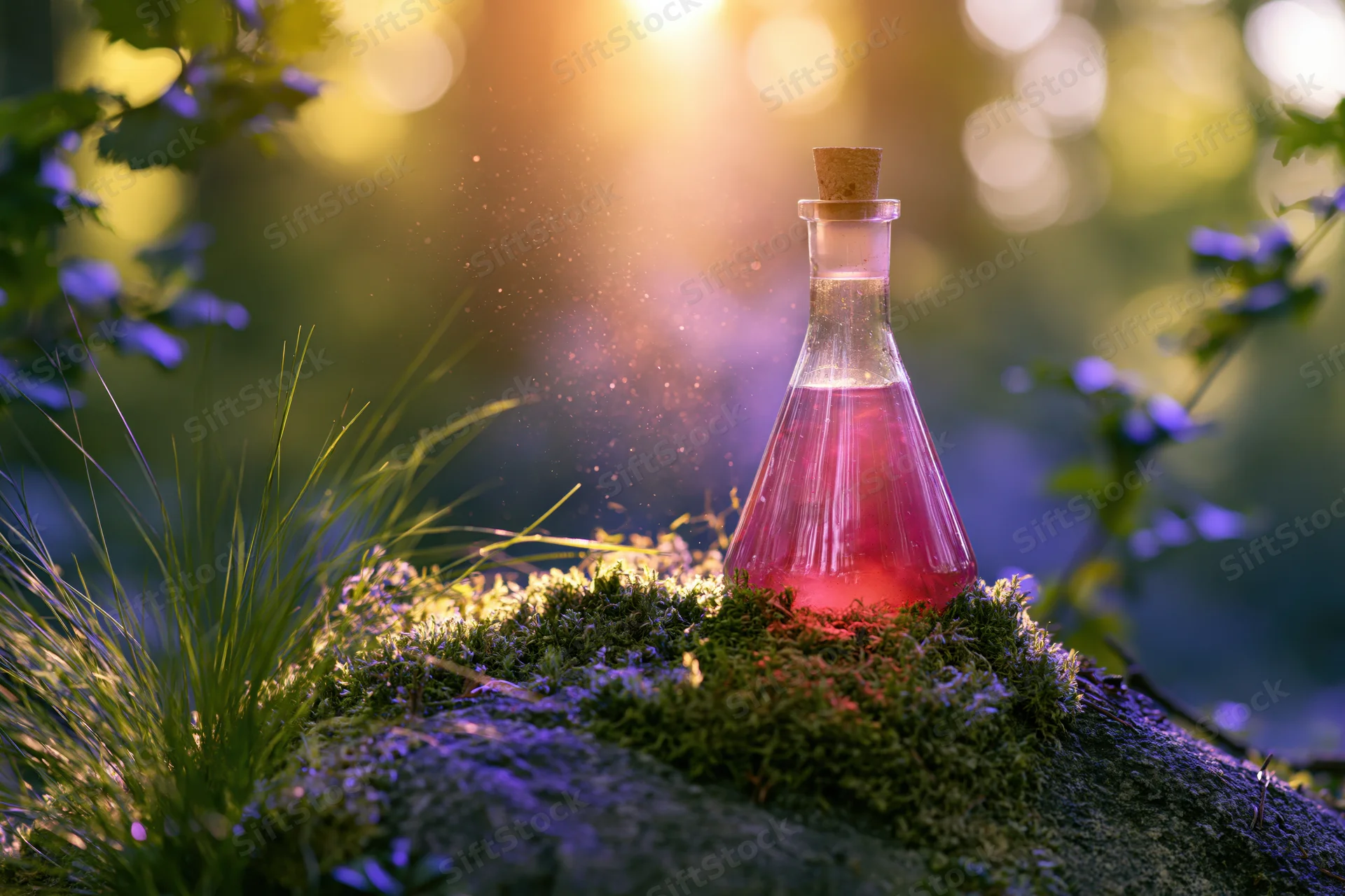 Glass flask with pink liquid resting on mossy rock in forest with sunlight
