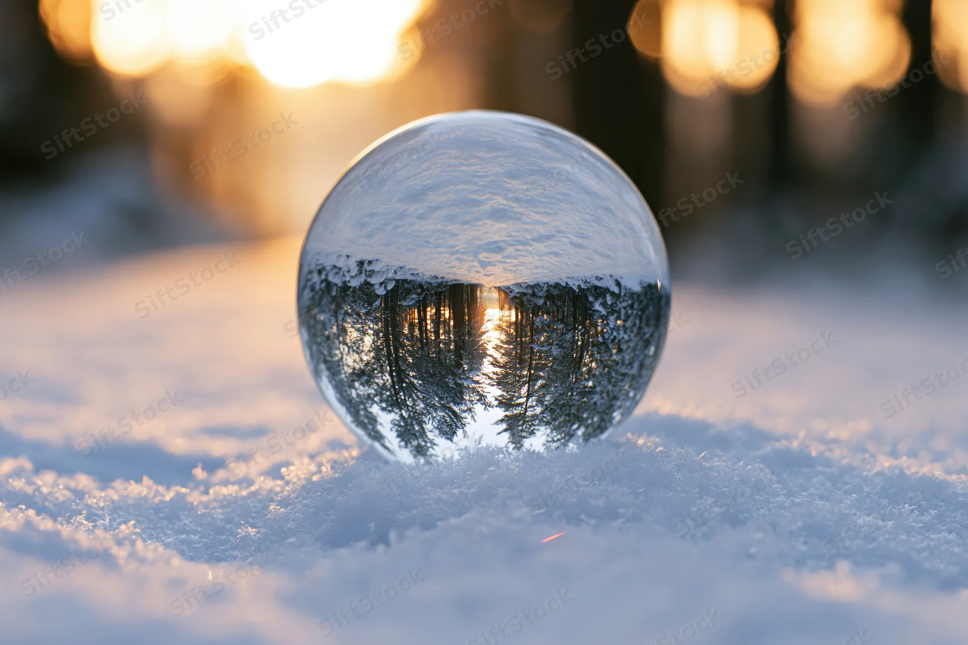 Glass lensball resting on snow in a forest reflecting trees and sunlight