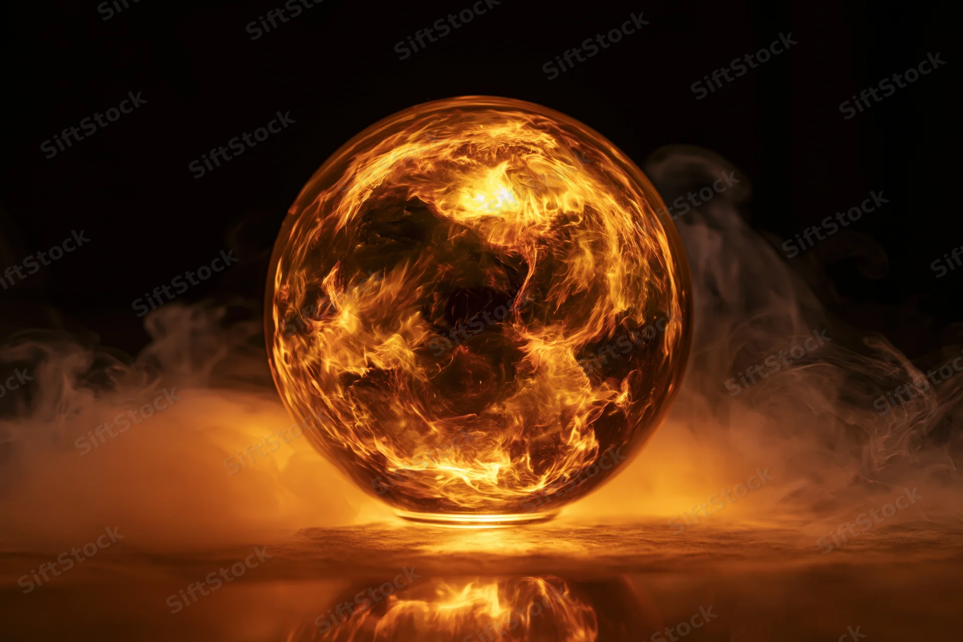 Glowing glass orb filled with swirling golden fire and plasma resting on reflective surface with smoke swirling around it