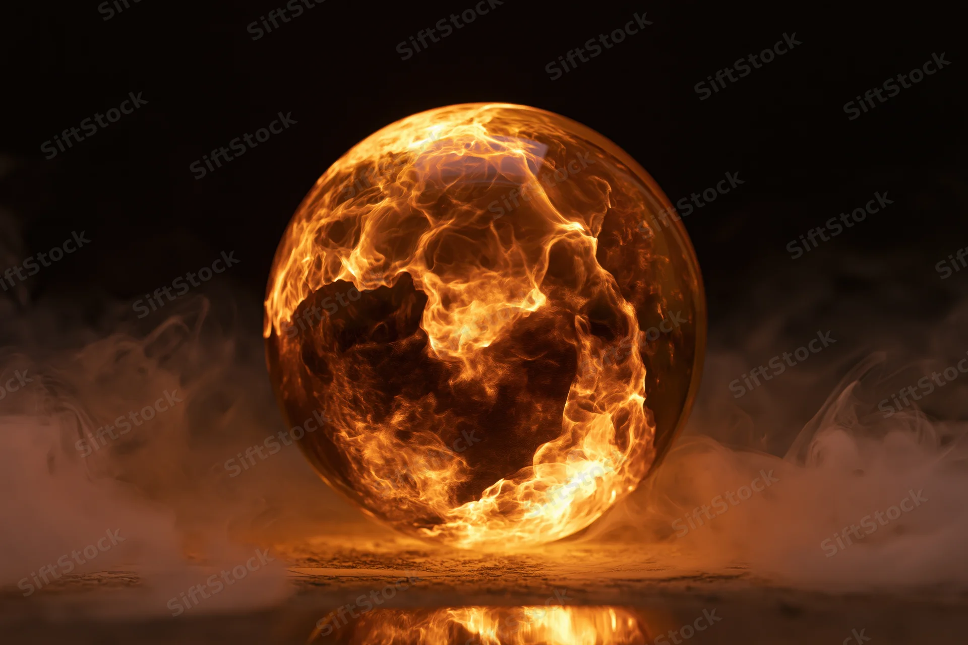 Glowing glass orb filled with swirling fire and plasma resting on a smoky surface with reflection