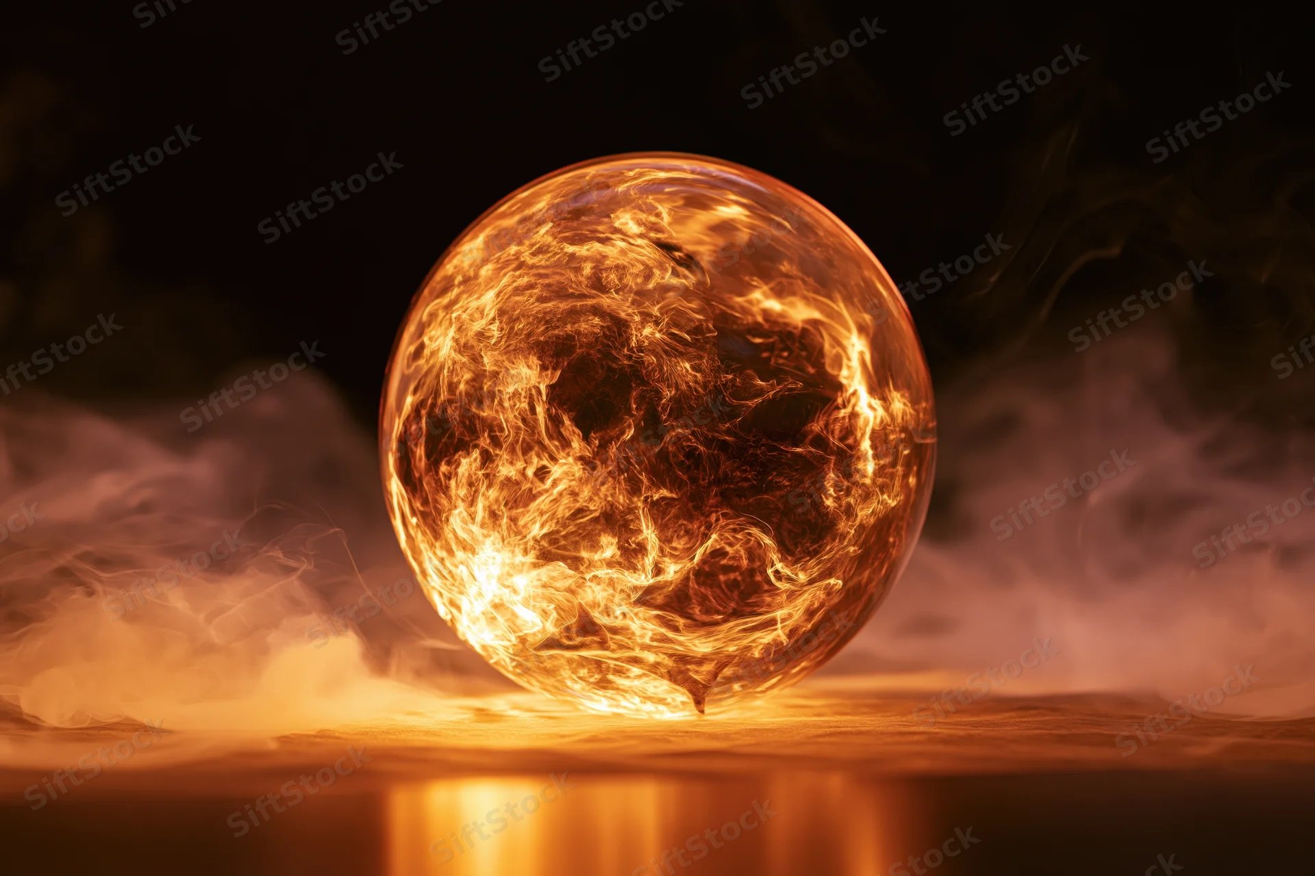 Glowing glass orb filled with swirling golden fire and plasma resting on a dark surface with smoke and reflection