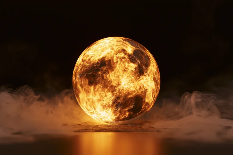 Glowing golden orb filled with swirling fire and plasma resting on a smoky surface at night