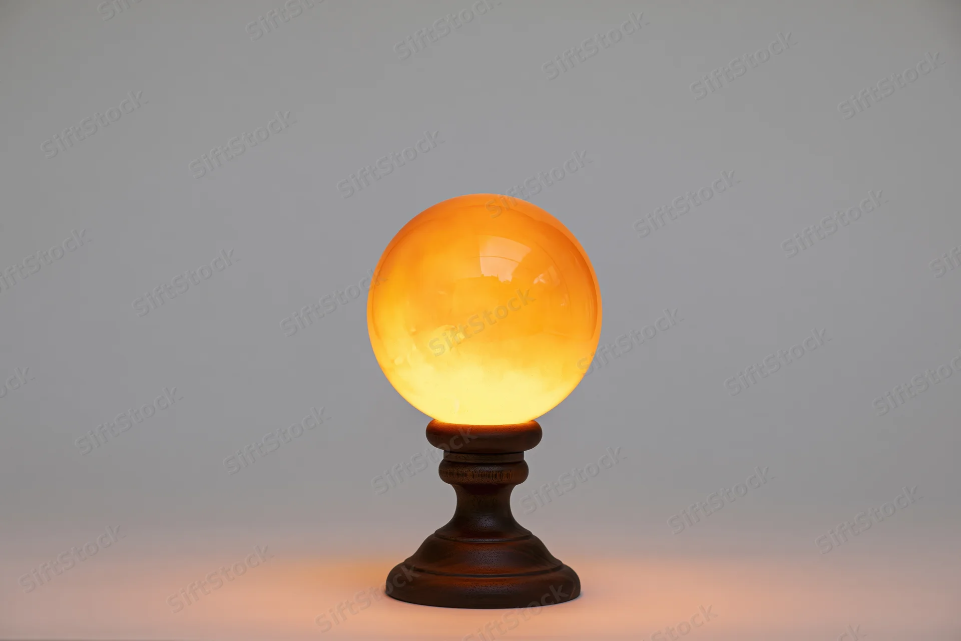Glowing amber crystal ball on dark walnut wooden stand against plain background